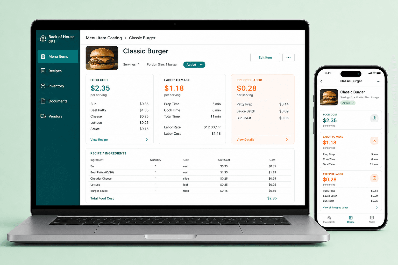 41 Degrees menu item costing — burger food cost, labor, and prepped labor on laptop and phone
