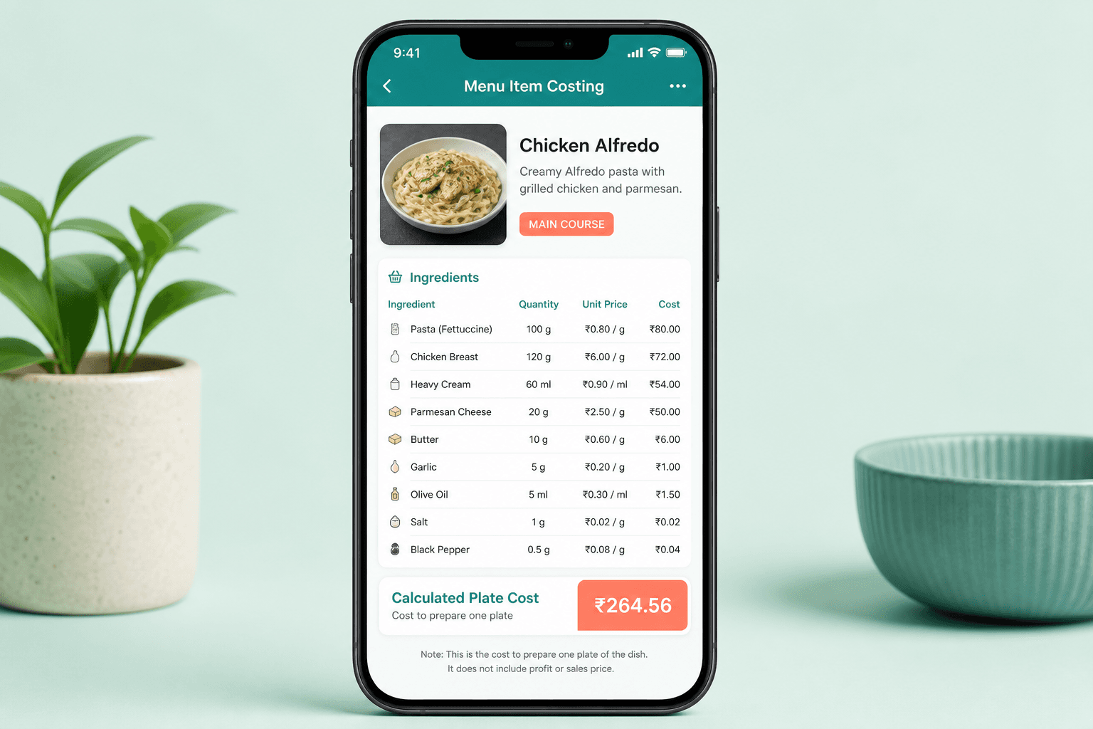 Menu item and recipe costing on a phone