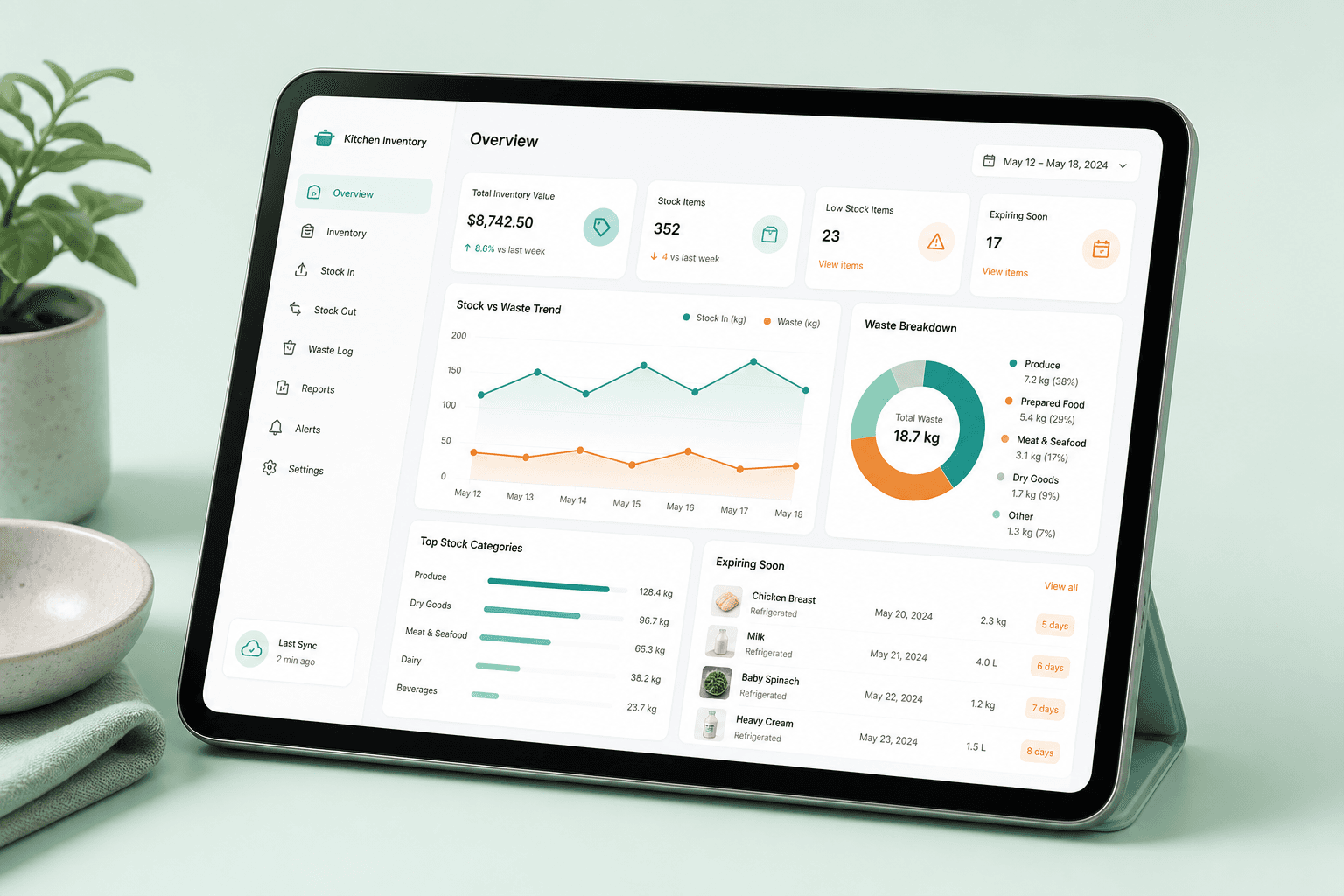 Inventory management dashboard on a tablet
